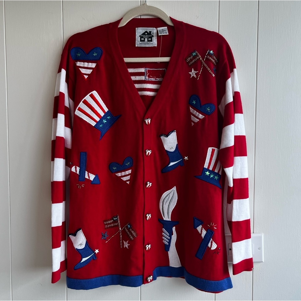 Storybook Knits USA Flag Cardigan Sweater Red White Blue Size Medium Patriotic